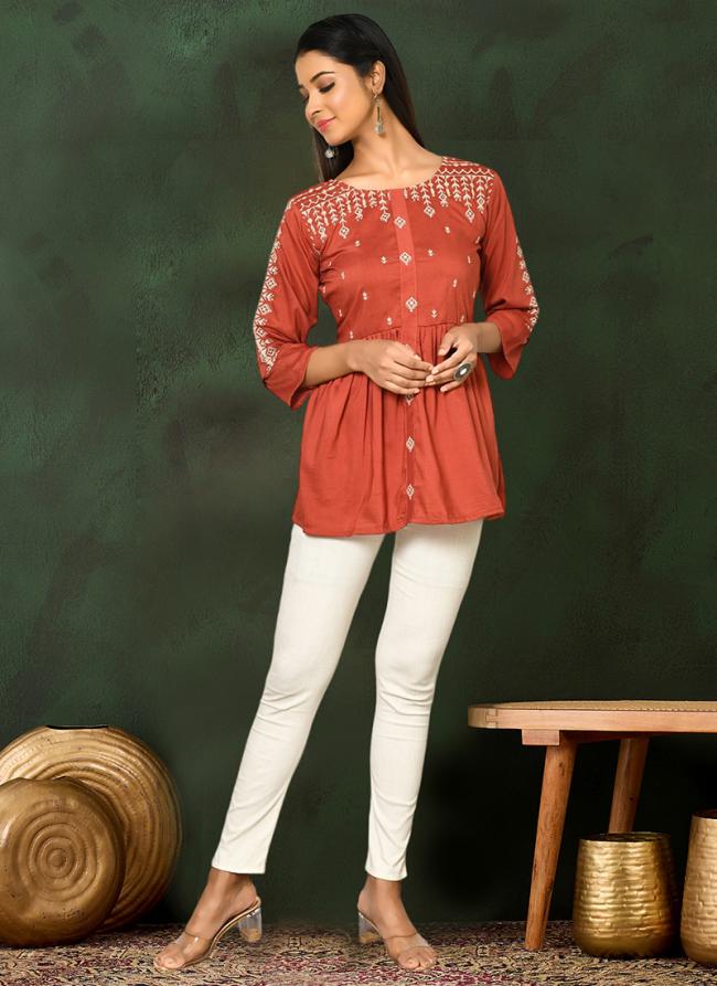 Viscose Blend Rust Casual Wear Embroidery Work Readymade Short Top